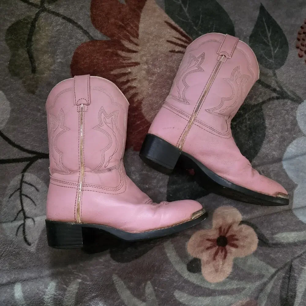 Durango Pink Western Cowgirl Boots Girls Youth Size 2D Faux Vegan Leather Cowboy